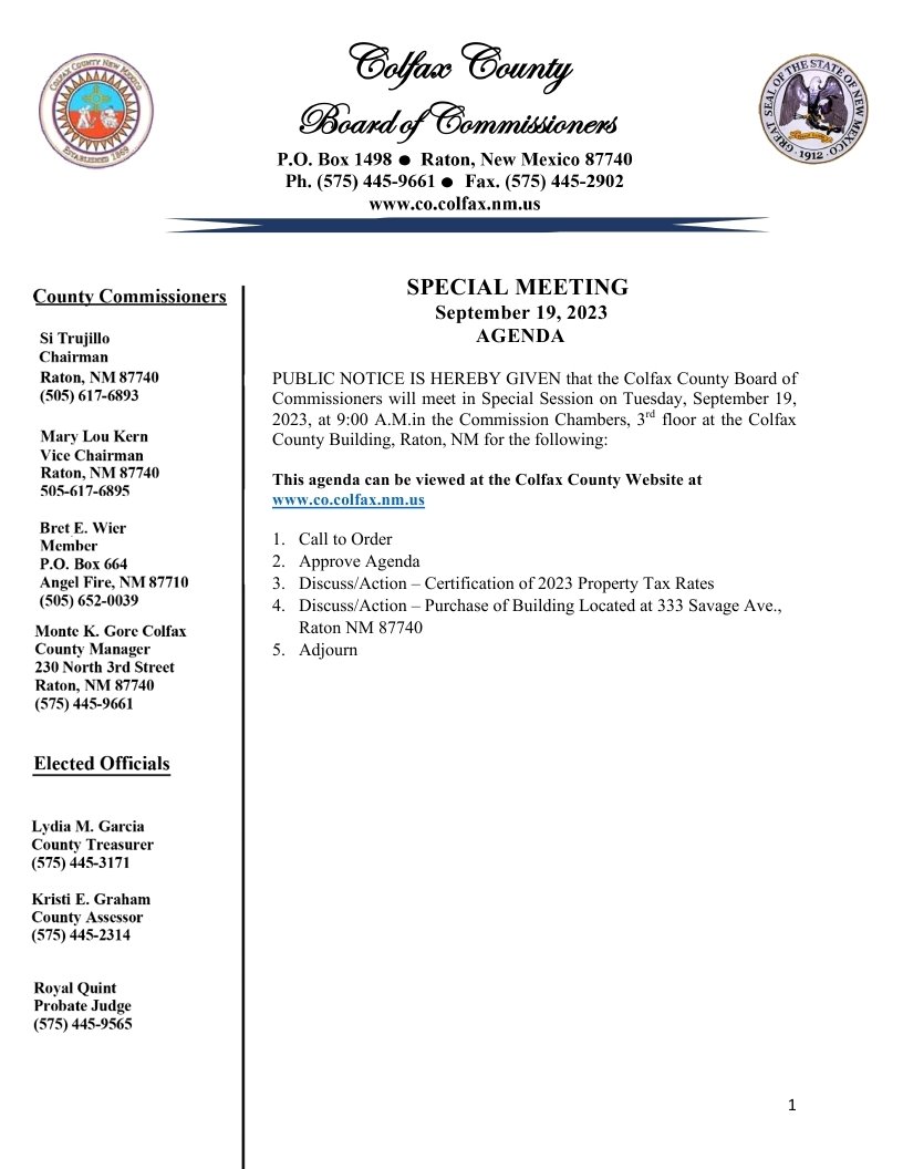 September 19, 2023 Special Meeting Agenda