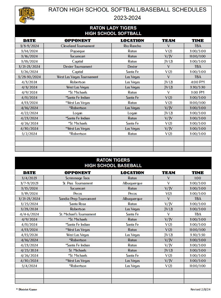 Raton High School Softball/Baseball Schedule
