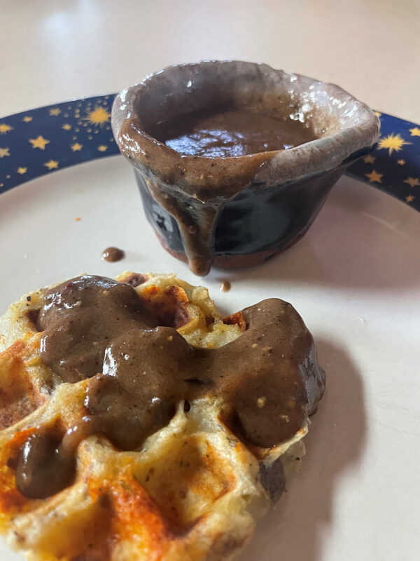 potato waffles with mushroom gravy