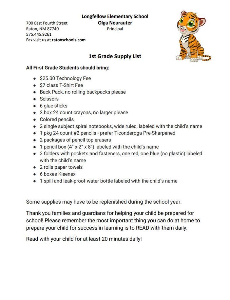 LES 1st Grade Supply List