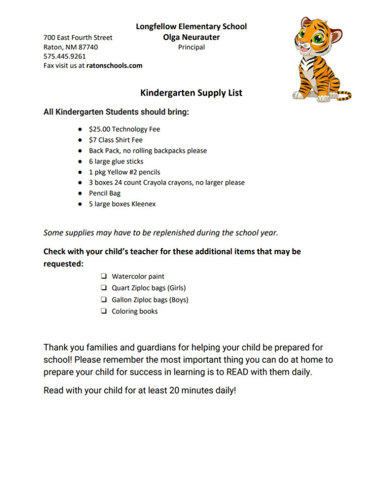 LES Kindergarten Supply List