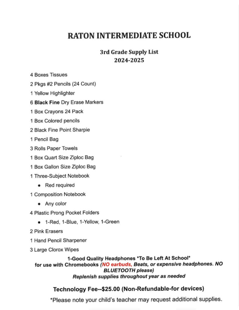 RIS 3rd Grade Supply List