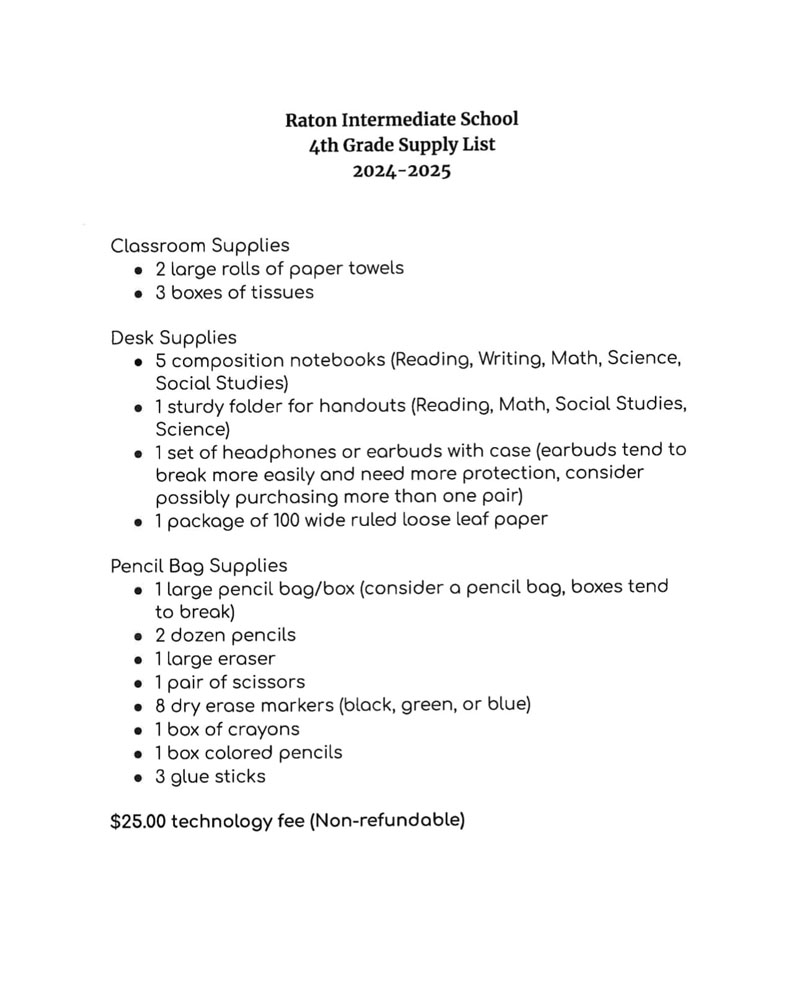 RIS 4th Grade Supply List