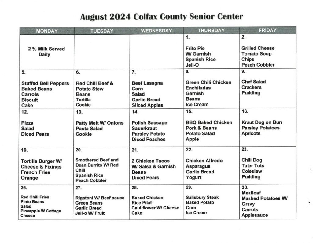 Senior Center Menu August 2024