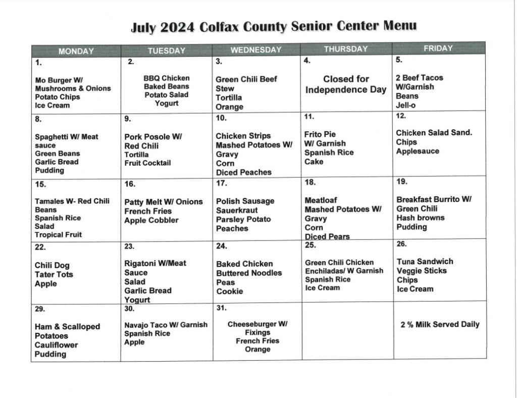Senior Center Menu July 2024