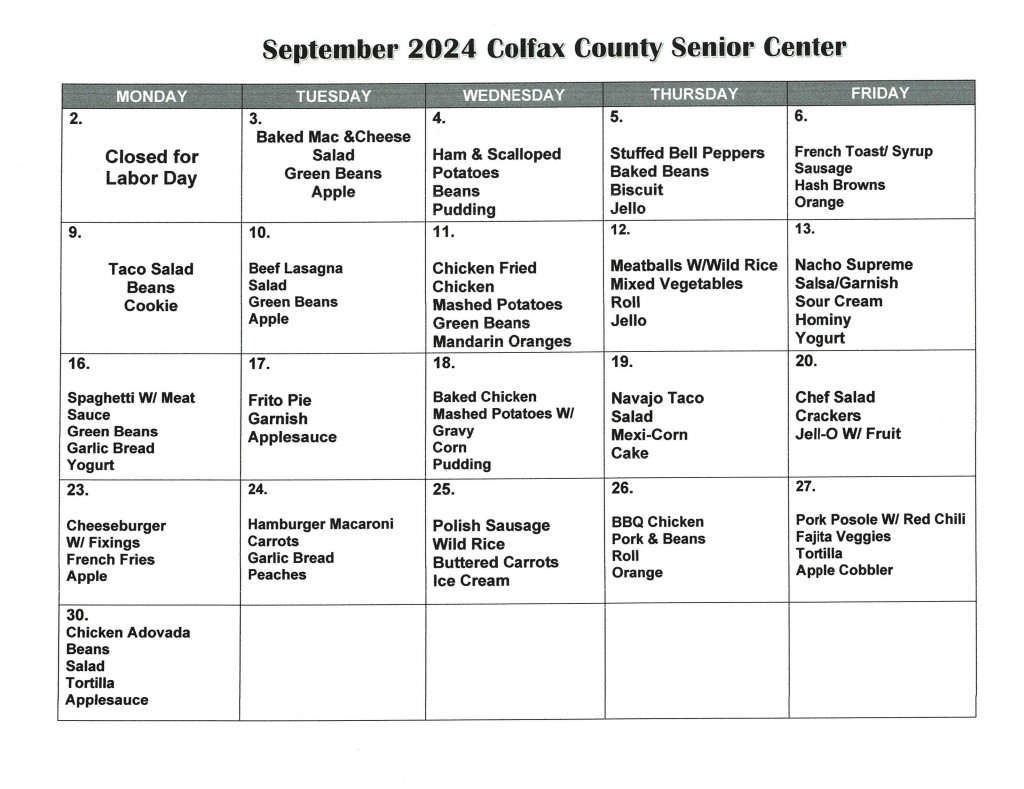 Senior Center Menu September 2024
