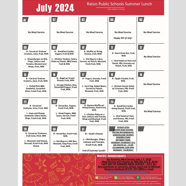 Raton Schools Summer Lunch Menu – July 2024