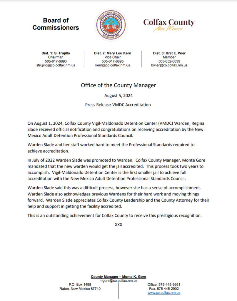 County Manage Press Release VMDC Accreditation