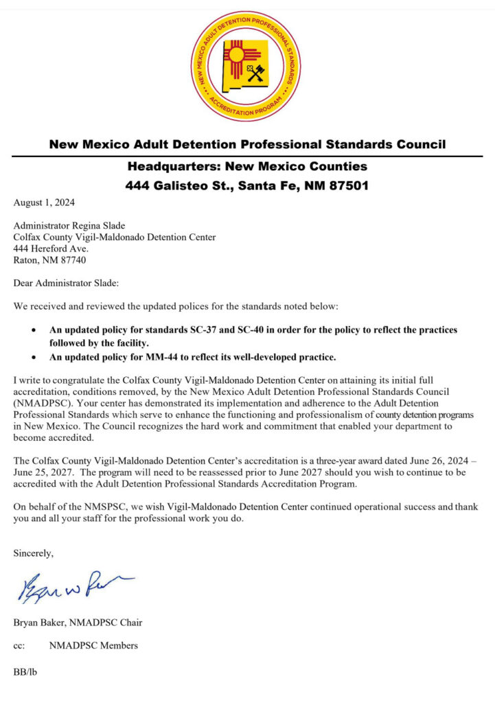 Vigil-Maldonado Detention Center Accreditation Letter