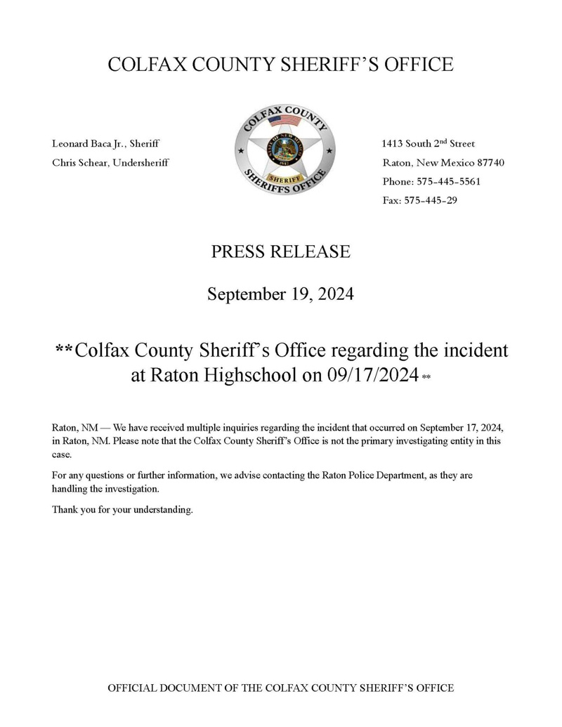 Colfax County Sheriff’s Department Press Release