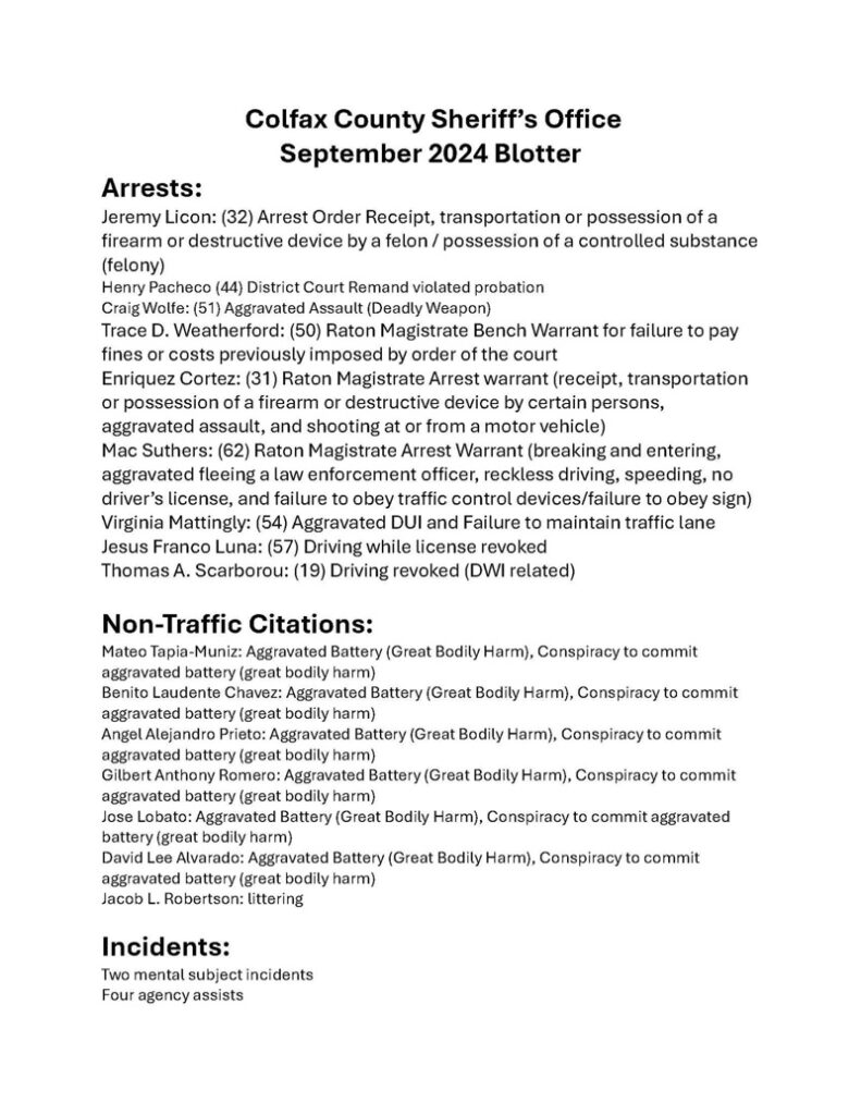 Colfax County Sheriff Dept blotter - September 2024