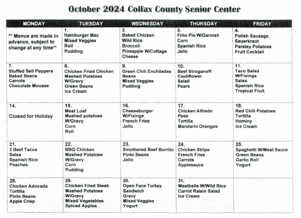 Senior Center October 2024 Lunch