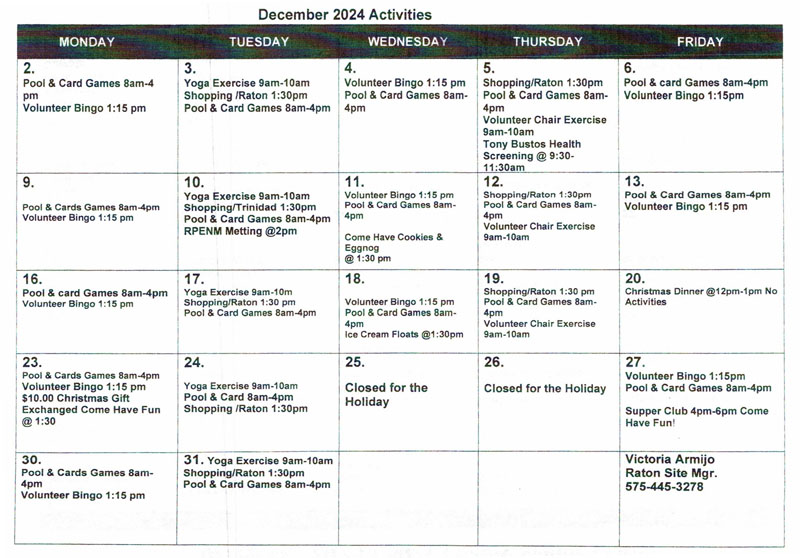 Senior Center Activities Dec 2024