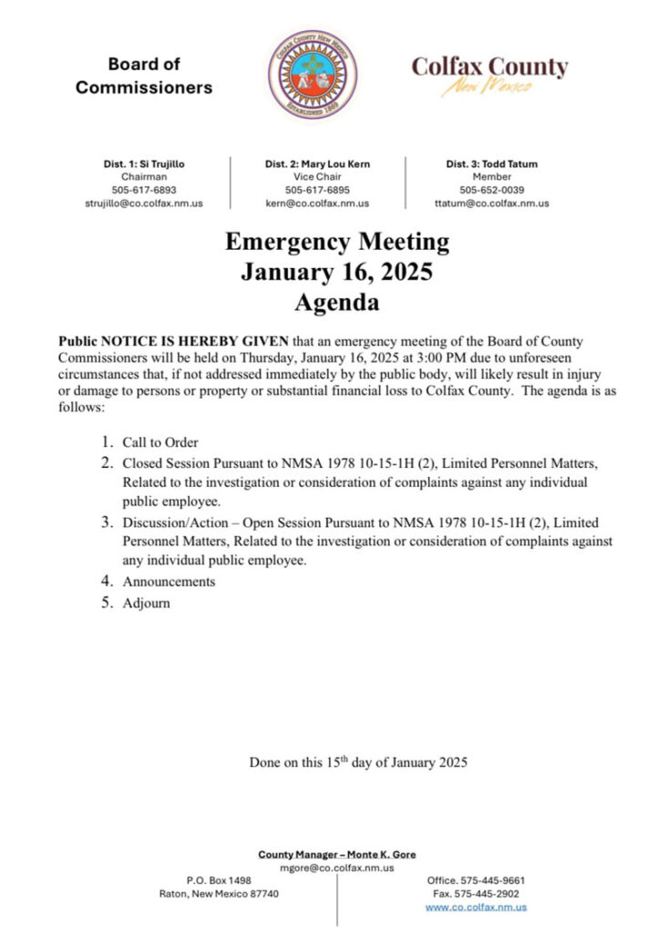 Colfax County Commissioners Emergency Meeting Jan 16