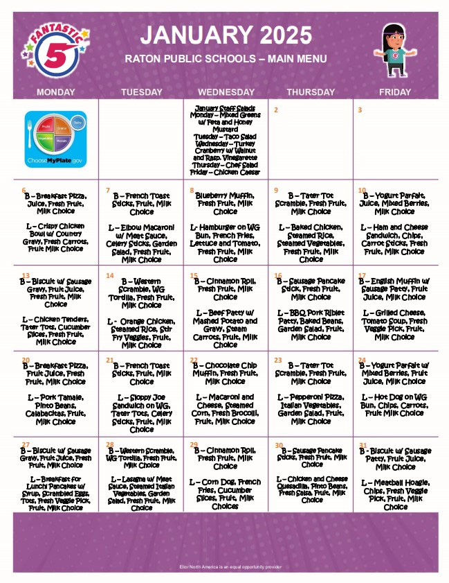 School Lunch Calendar - Jan 2025