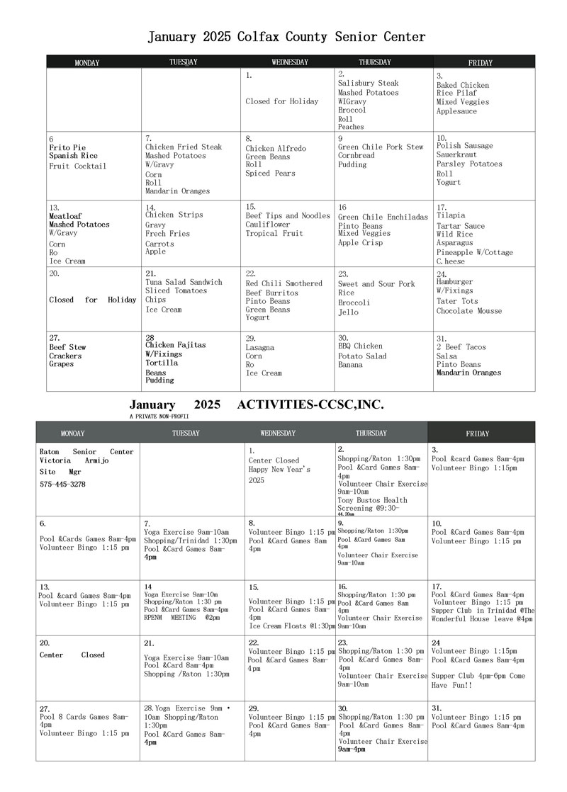 Senior Center Menu and Activities Jan 2025