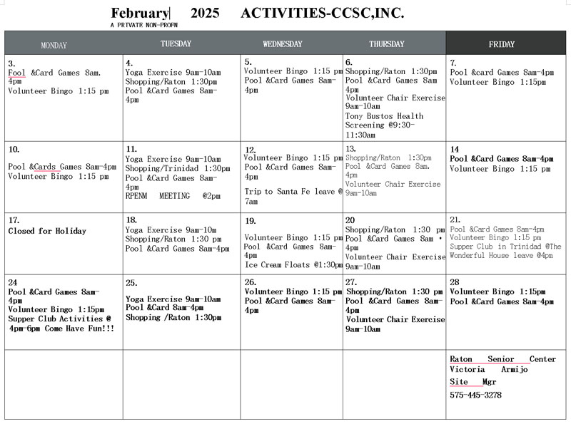 Senior Center Activities February 2025