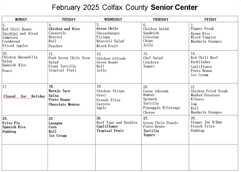 Senior Center Lunch Menu February 2025