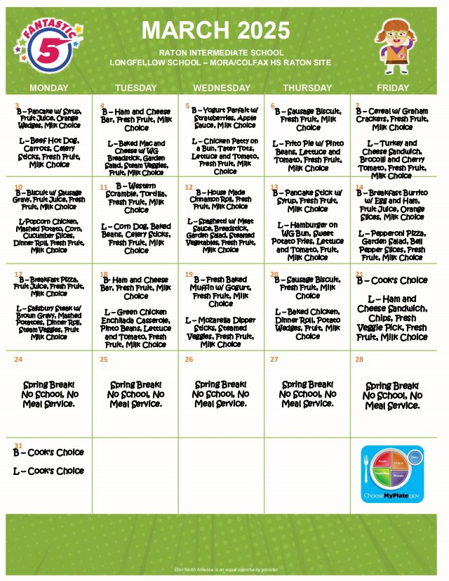 March 2025 School Lunch Calendar