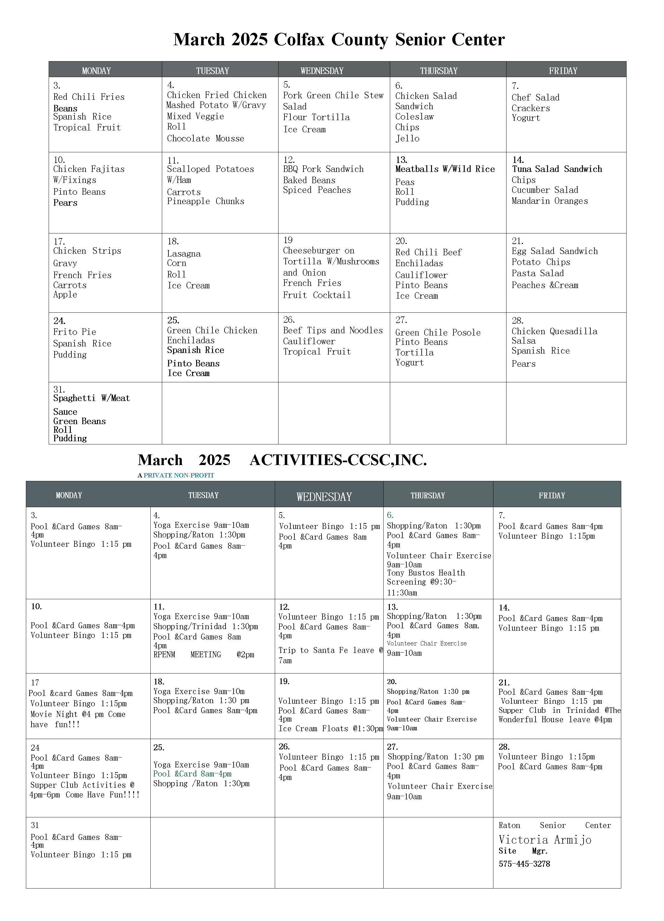 March 2025 Senior Lunch and Activities