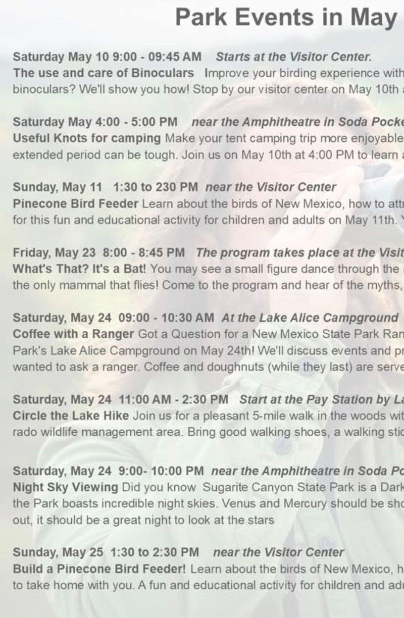 Sugarite Canyon Park events in May